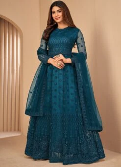 Anarkali Suit Net Rama Blue Embroidery Work Party Wear -Deals Chic Lehenga Store anarkali suit net rama blue embroidery work slsdi119ra u