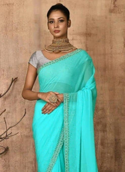 Arctic Blue Georgette Hand Work Saree Party Wear -Deals Chic Lehenga Store arctic blue georgette hand work saree sadkc99 b
