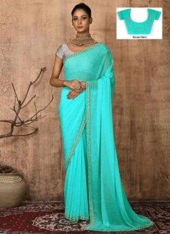 Arctic Blue Georgette Hand Work Saree Party Wear -Deals Chic Lehenga Store arctic blue georgette hand work saree sadkc99 u