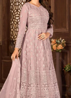 Attractive Lavender Net With Embroidery Work Party Wear