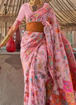 Baby Pink Handloom Weaving Zari Work Saree Festive Wear