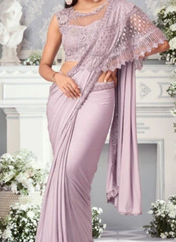 Baby Pink Lycra Embroidered Saree Party Wear