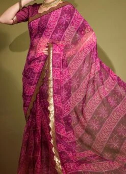 Bandhani With Foil Print And Sequins Border Wine Color Georgette Saree After Six Wear