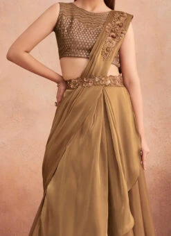 Beige Chinon Silk Embroidered Ready Pleated Saree Party Wear