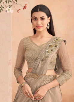 Beige Chinon Silk Embroidered Sequins Ready Pleated Saree Party Wear -Deals Chic Lehenga Store beige chinon silk embroidered sequins ready pleated saree saska36367304e b