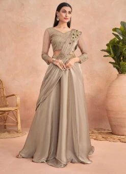 Beige Chinon Silk Embroidered Sequins Ready Pleated Saree Party Wear -Deals Chic Lehenga Store beige chinon silk embroidered sequins ready pleated saree saska36367304e u