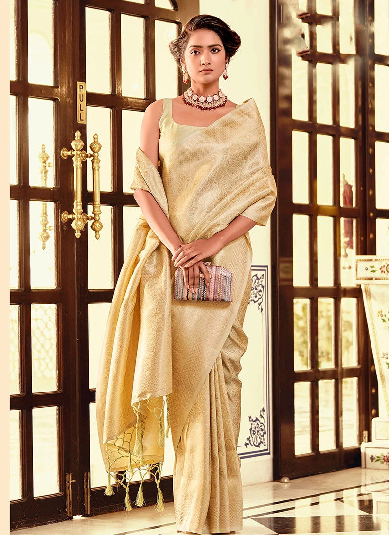 Beige Color Zari Work Kanchivaram Silk Saree Festive Wear 3 Beige Color Zari Work Kanchivaram Silk Saree Festive Wear - Image 3