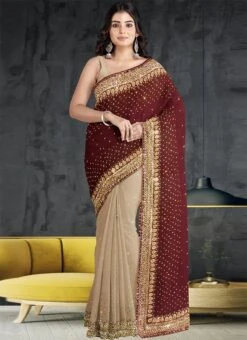 Beige Georgette Hand Work Half N Half Saree Party Wear -Deals Chic Lehenga Store beige georgette hand work half n half saree sadsf4844 u