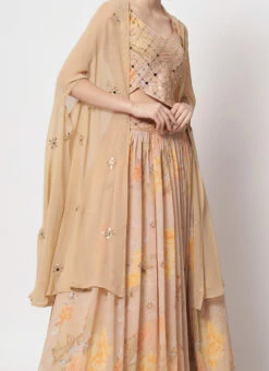 Beige Georgette Printed Umbrella Lehenga Choli Party Wear