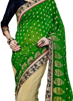 Beige N Green Net N Brocade Half N Half Saree Festive Wear