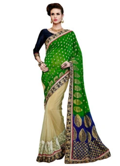 Beige N Green Net N Brocade Half N Half Saree Festive Wear -Deals Chic Lehenga Store beige n green net n brocade half n half saree sacvi3010 u