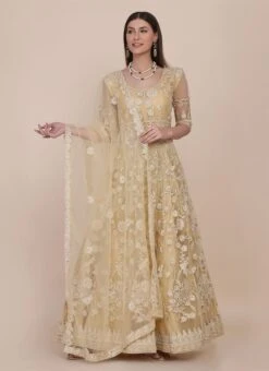 Beige Net Embroidered Work Anarkali Suit Party Wear -Deals Chic Lehenga Store beige net embroidered work anarkali suit slsacw2466 u