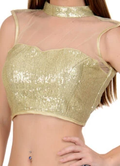 Beige Net Sequins Blouse Festive Wear