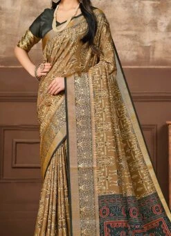 Beige Tussar Silk Digital Print Saree Festive Wear