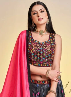 Black Chinon Printed Work A Line Lehenga Choli Party Wear -Deals Chic Lehenga Store black chinon printed work a line lehenga choli ghska459960002 b