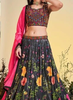 Black Chinon Printed Work A Line Lehenga Choli Party Wear