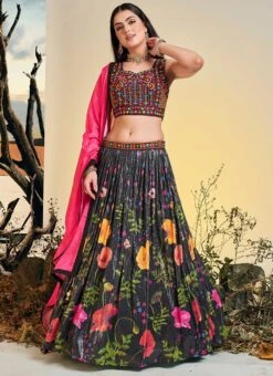 Black Chinon Printed Work A Line Lehenga Choli Party Wear -Deals Chic Lehenga Store black chinon printed work a line lehenga choli ghska459960002 u