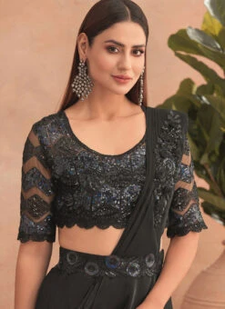 Black Chinon Silk Embroidered Ready Pleated Saree Party Wear -Deals Chic Lehenga Store black chinon silk embroidered ready pleated saree saska36307302a b
