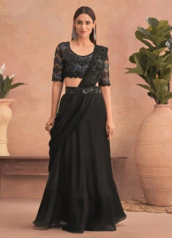 Black Chinon Silk Embroidered Ready Pleated Saree Party Wear -Deals Chic Lehenga Store black chinon silk embroidered ready pleated saree saska36307302a u