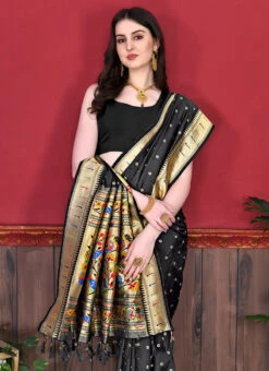 Black Color Litchi Silk Weaving Work Saree Party Wear -Deals Chic Lehenga Store black color litchi silk weaving work saree sasprt7777 b