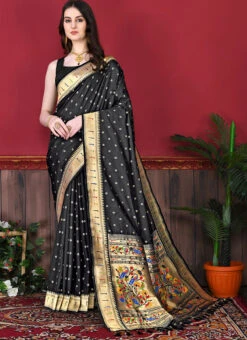 Black Color Litchi Silk Weaving Work Saree Party Wear -Deals Chic Lehenga Store black color litchi silk weaving work saree sasprt7777 u