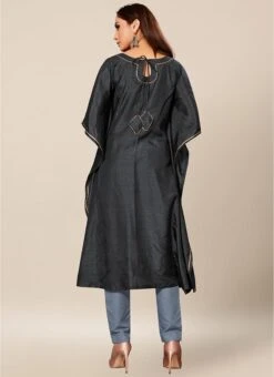 Grey Dola Silk Lace Work Kaftan Work Wear -Deals Chic Lehenga Store black dola silk lace work kaftan krsakf1096 b