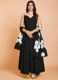 Black Faux Georgette Digital Print Duppata Gown After Six Wear -Deals Chic Lehenga Store black faux georgette digital print duppata gown bgwrska4722b243 u