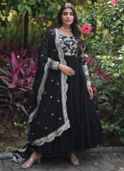 Black Faux Georgette Embroidered Dresses And Gown Party Wear -Deals Chic Lehenga Store black faux georgette embroidered dresses and gown bgwrsprt16809 u