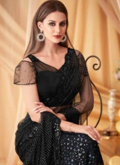 Black Faux Georgette Embroidered Sequins Saree Party Wear -Deals Chic Lehenga Store black faux georgette embroidered sequins saree saska3746spa7605 b