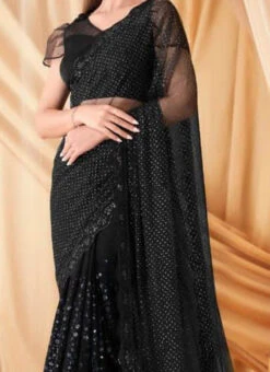 Black Faux Georgette Embroidered Sequins Saree Party Wear