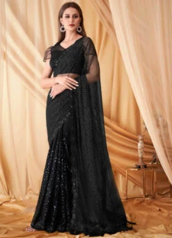 Black Faux Georgette Embroidered Sequins Saree Party Wear -Deals Chic Lehenga Store black faux georgette embroidered sequins saree saska3746spa7605 u