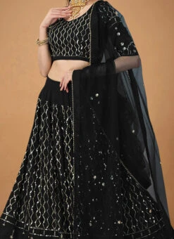 Black Faux Georgette Embroidered Umbrella Lehenga Party Wear