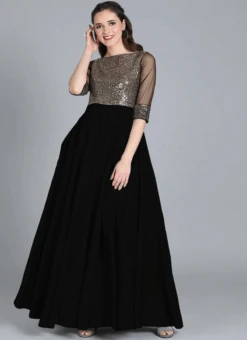 Black Full Flared Boat Neck Style Gown Party Wear -Deals Chic Lehenga Store black full flared boat neck style gown IWBS02207363 b