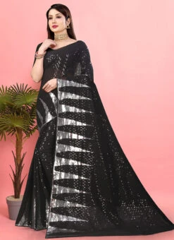 Black Georgette Sequins Embroidered Work Saree Party Wear -Deals Chic Lehenga Store black georgette sequins embroidered work saree sasacw4934 u