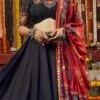 Black Muslin Cotton Printed Umbrella Lehenga Festive Wear