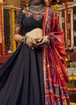 Black Muslin Cotton Printed Umbrella Lehenga Festive Wear
