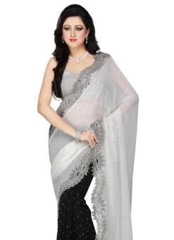 Black N Off White Half N Half Saree Party Wear -Deals Chic Lehenga Store black n off white half n half saree sadsfcns2082 b