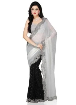Black N Off White Half N Half Saree Party Wear -Deals Chic Lehenga Store black n off white half n half saree sadsfcns2082 u