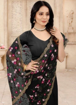 Black Net Embroidered N Stones Saree Party Wear -Deals Chic Lehenga Store black net embroidered n stones saree sasun12211241 b