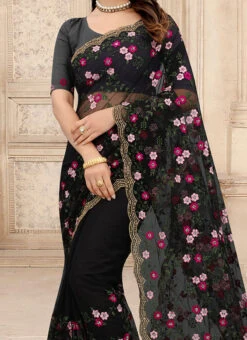 Black Net Embroidered N Stones Saree Party Wear