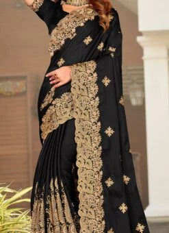 Black Satin Blend Embroidered Saree Party Wear