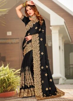 Black Satin Blend Embroidered Saree Party Wear -Deals Chic Lehenga Store black satin blend embroidered saree sasnf6921 u