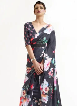 Black Satin Crepe Digital Print Saree Party Wear -Deals Chic Lehenga Store black satin crepe digital print saree samkns187004 b