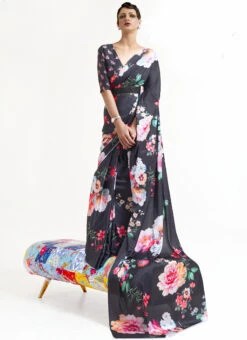 Black Satin Crepe Digital Print Saree Party Wear -Deals Chic Lehenga Store black satin crepe digital print saree samkns187004 u