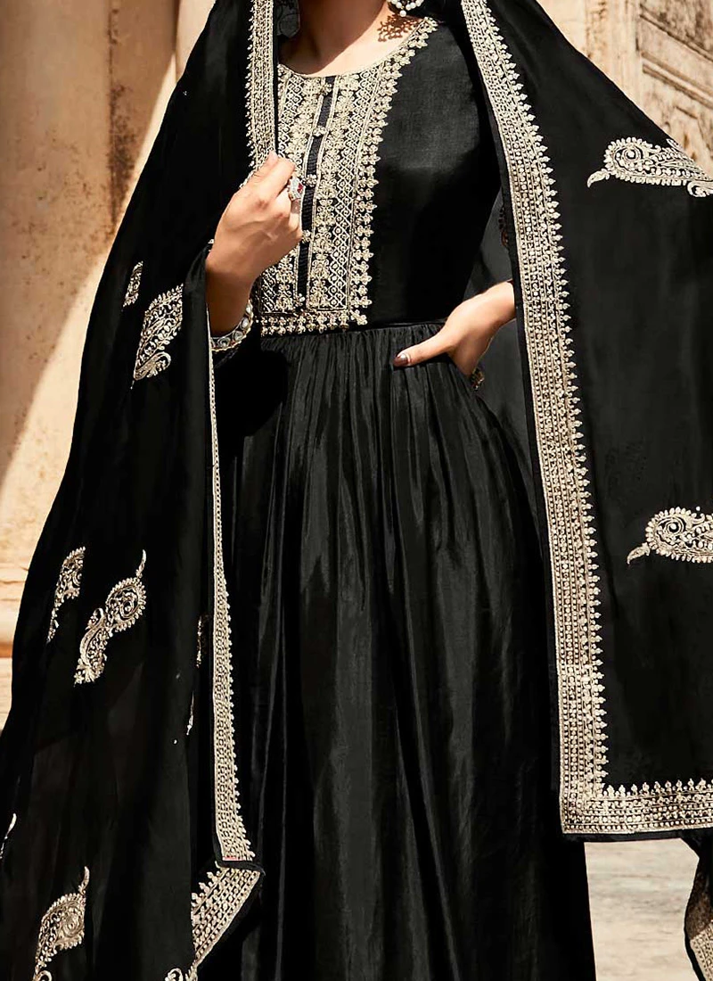 Black Soft Art Silk Embroidered N Sequins Anarkali Suit Party Wear 1 Black Soft Art Silk Embroidered N Sequins Anarkali Suit Party Wear