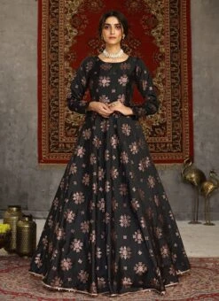 Black Taffeta Metalic Foil Work Anarkali Gown Party Wear -Deals Chic Lehenga Store black taffeta metalic foil work anarkali gown bgwsom4601 u