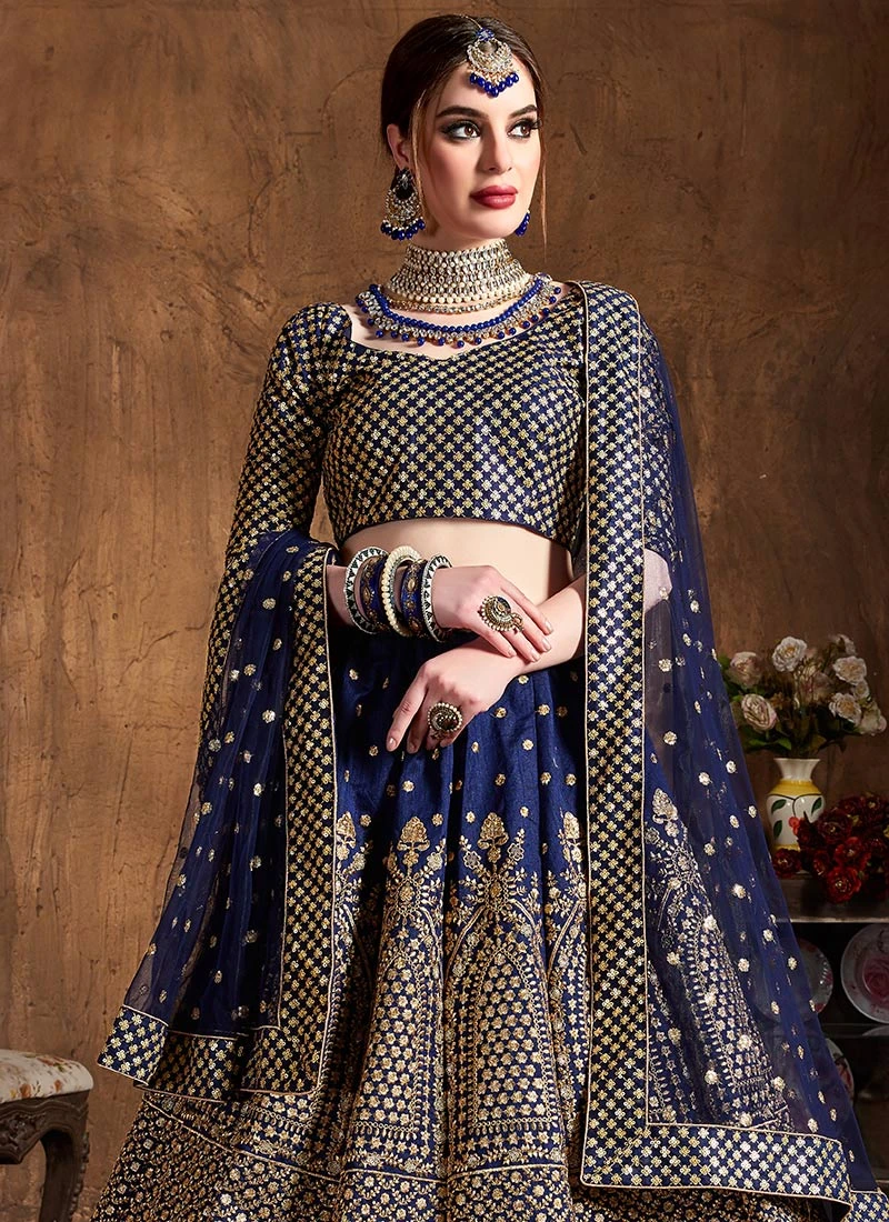 Blue Art Silk A Line Lehenga Wedding Wear 4 Blue Art Silk A Line Lehenga Wedding Wear - Image 4
