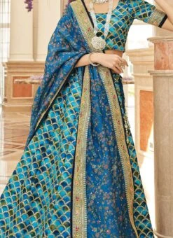 Blue Art Silk Embroidery Sequins Printed Work Umbrella Lehenga Wedding Wear