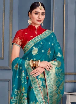 Blue Art Silk Zari Saree After Six Wear -Deals Chic Lehenga Store blue art silk zari saree samknsr126a b