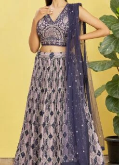 Purple Chinon Embroidered Printed Umbrella Lehenga Party Wear